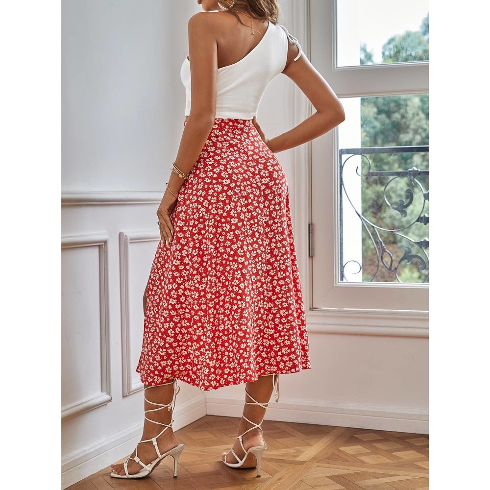 2 piece set: white Tie Shoulder Crop Top & red Floral Split Thigh midi Skirt Set - Picture 4 of 5